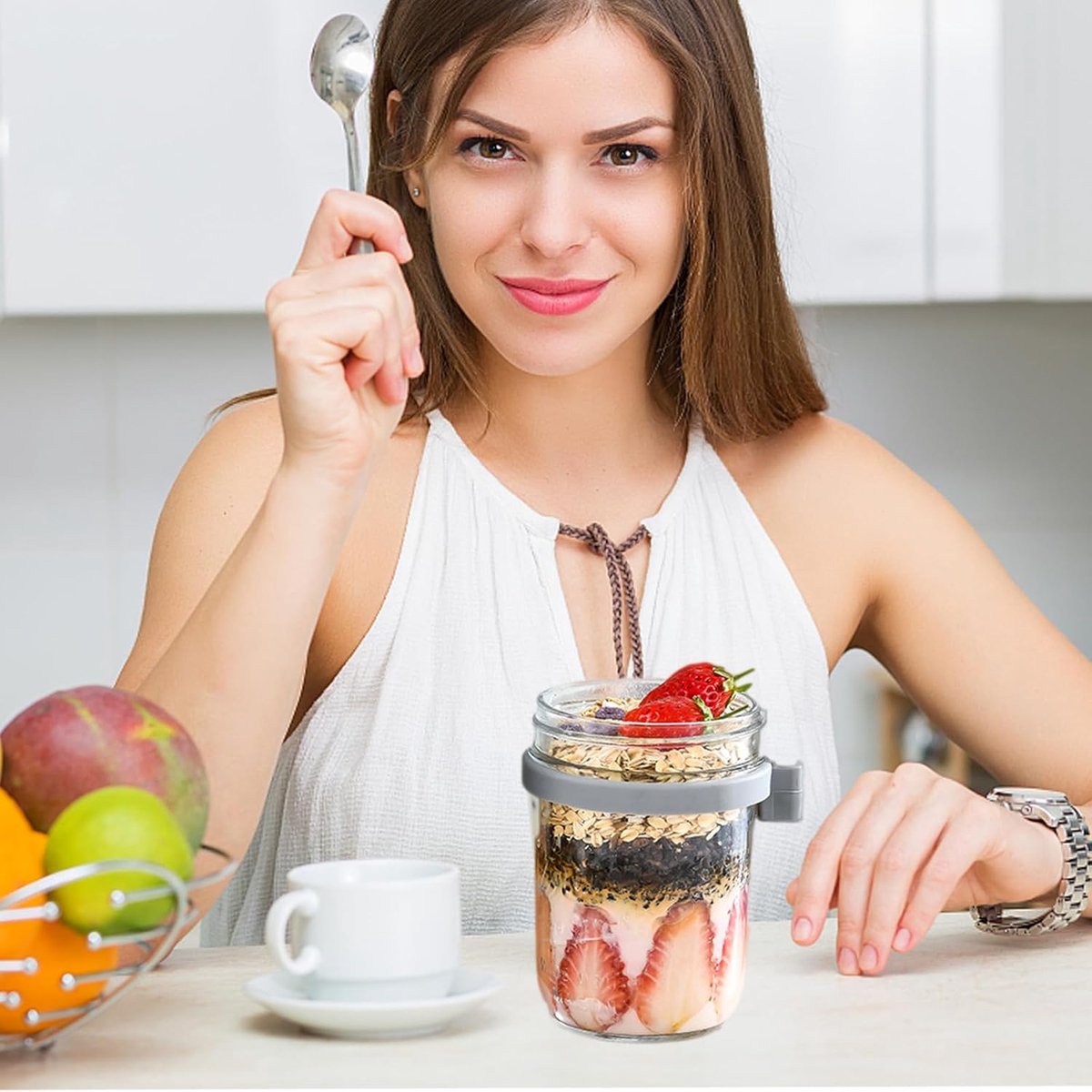 2-Pack Overnight Oatmeal Jars - With lid and spoon - 12 oz jars - For storing oatmeal overnight - With measuring lines - Large airtight jars - Also suitable for storing milk, fruit, and breakfast cereals (white + grey)