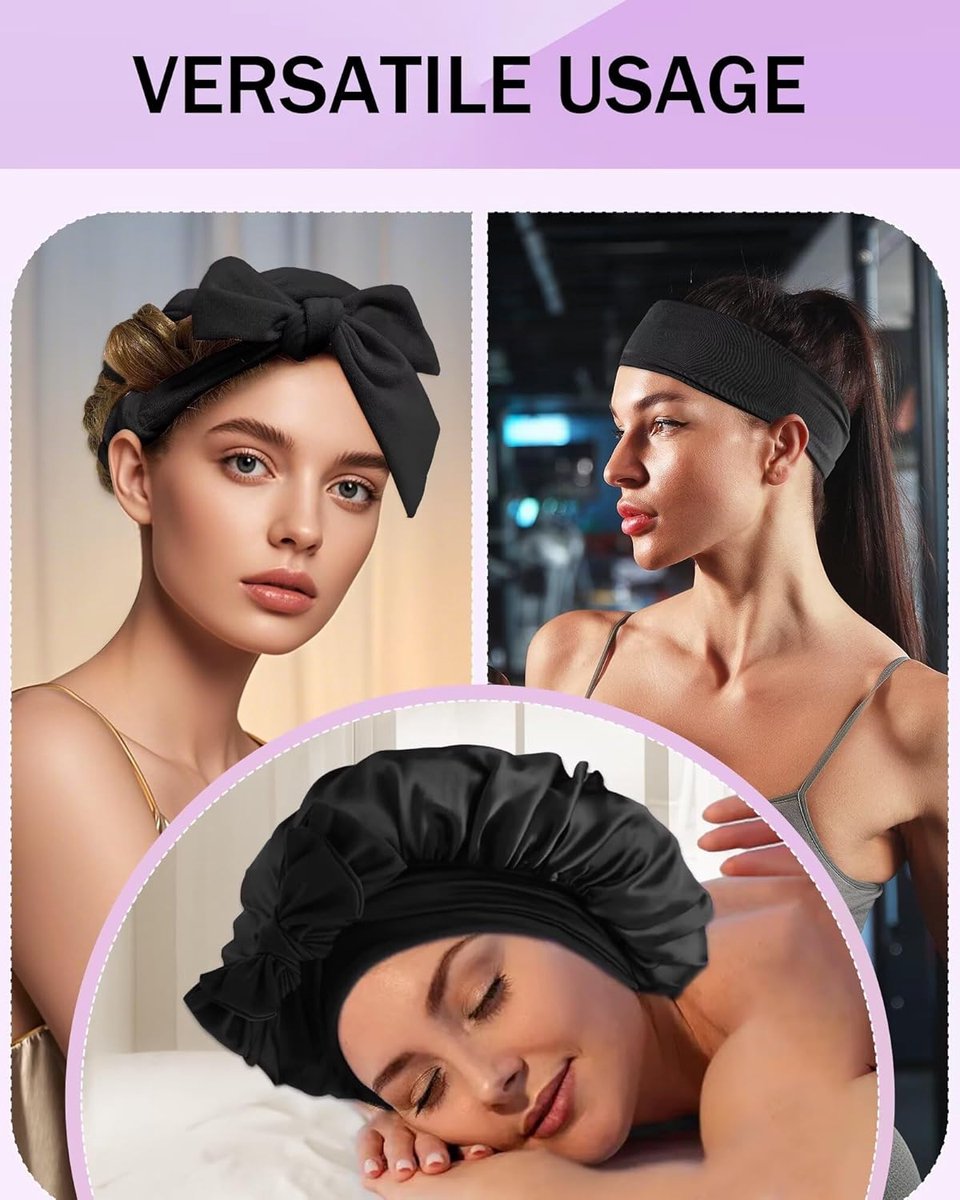 Heat-free hair curlers - Curling rollers - curling set - Blow-dry effect without heat overnight - Soft cap and sleepy bow design - Comfortable curls while you sleep for long hair - black
