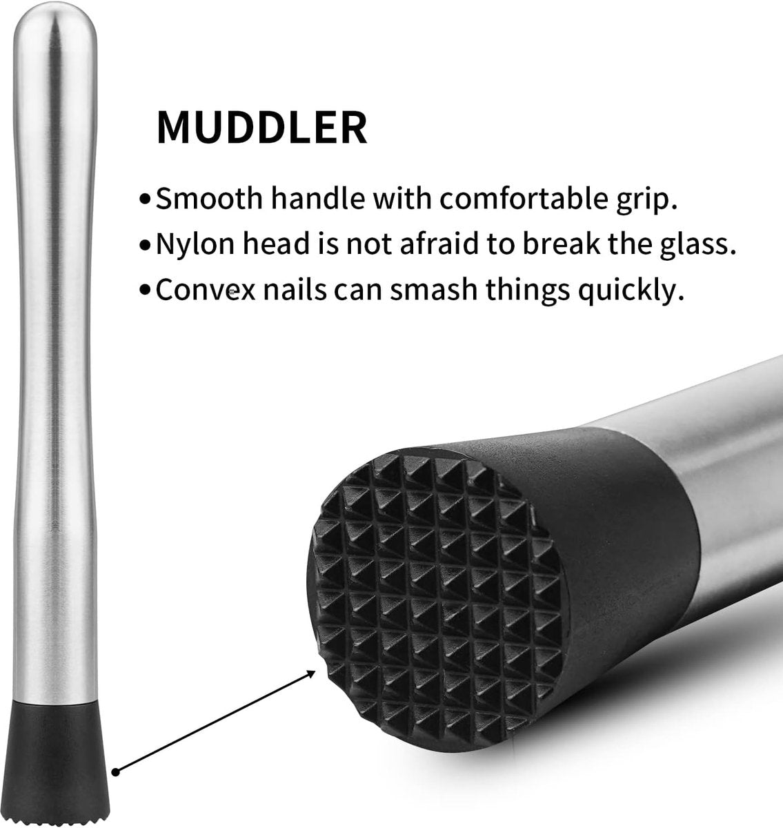 Cocktail Muddler & Stirrer - 25 cm 2-in-1 Bar Tool - Stainless Steel with Long Handle - For Mojitos and Fruit Drinks
