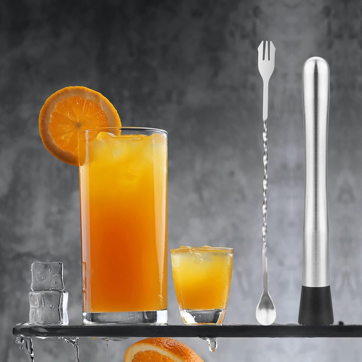 Cocktail Muddler & Stirrer - 25 cm 2-in-1 Bar Tool - Stainless Steel with Long Handle - For Mojitos and Fruit Drinks