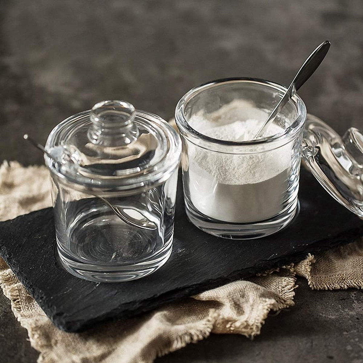 piece Classic clear glass sugar bowl with lid Serving spoon Salt shaker Pepper Storage jar Spice jar Dispenser container Sugar box Condiment Spice racks Home kitchen holder