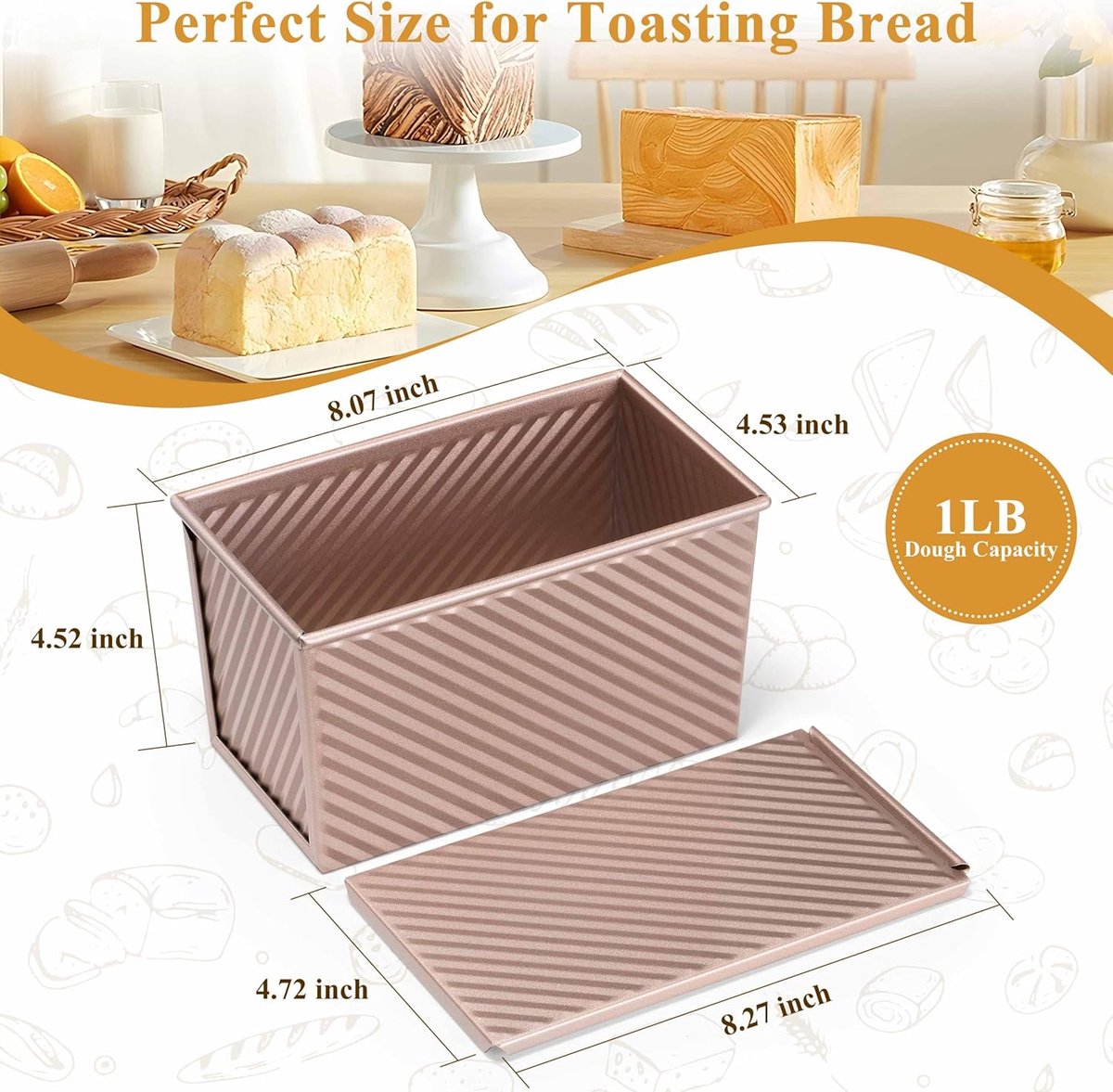 2-pack Pullman loaf pan with lid - 1 pound bread baking pan - non-stick coating for homemade sourdough bread - toast box - sturdy corrugated baking pans with lid - rose gold