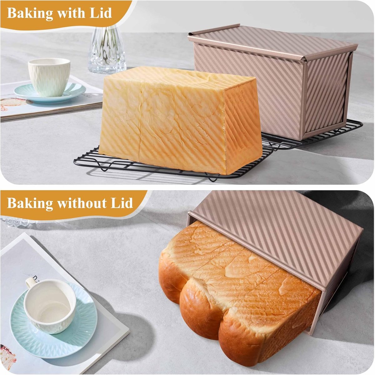 2-pack Pullman loaf pan with lid - 1 pound bread baking pan - non-stick coating for homemade sourdough bread - toast box - sturdy corrugated baking pans with lid - rose gold