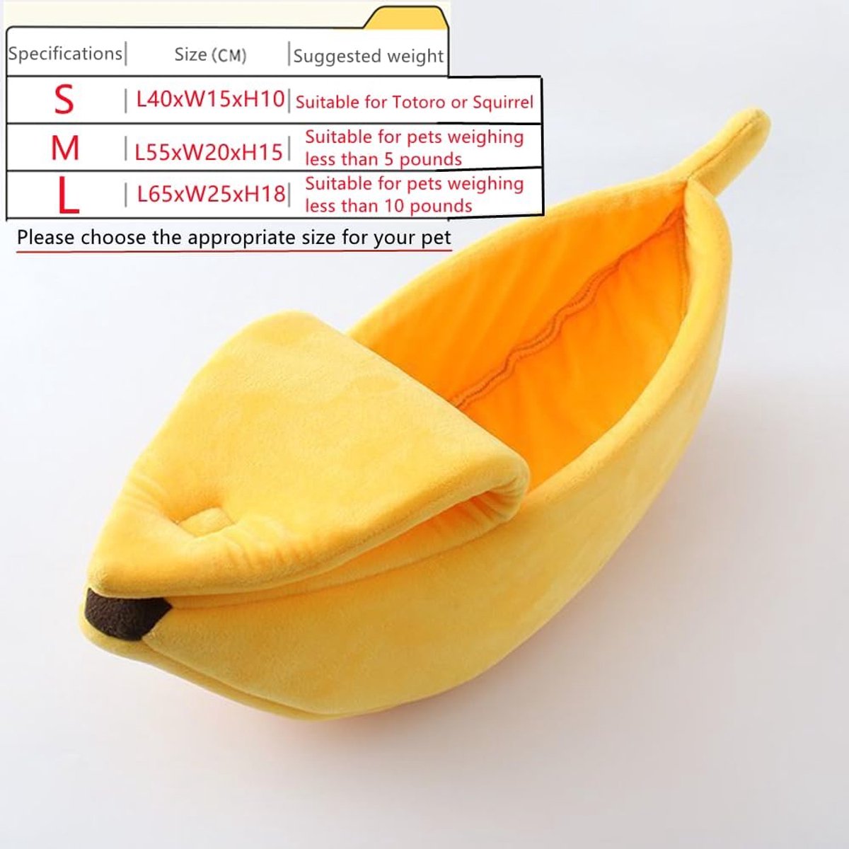 Banana-shaped pet bed - Creative dog and cat kennel - Warm and soft plush puppy mat - Cute fruit design for cats, kittens, and dogs - Available in various sizes (L)
