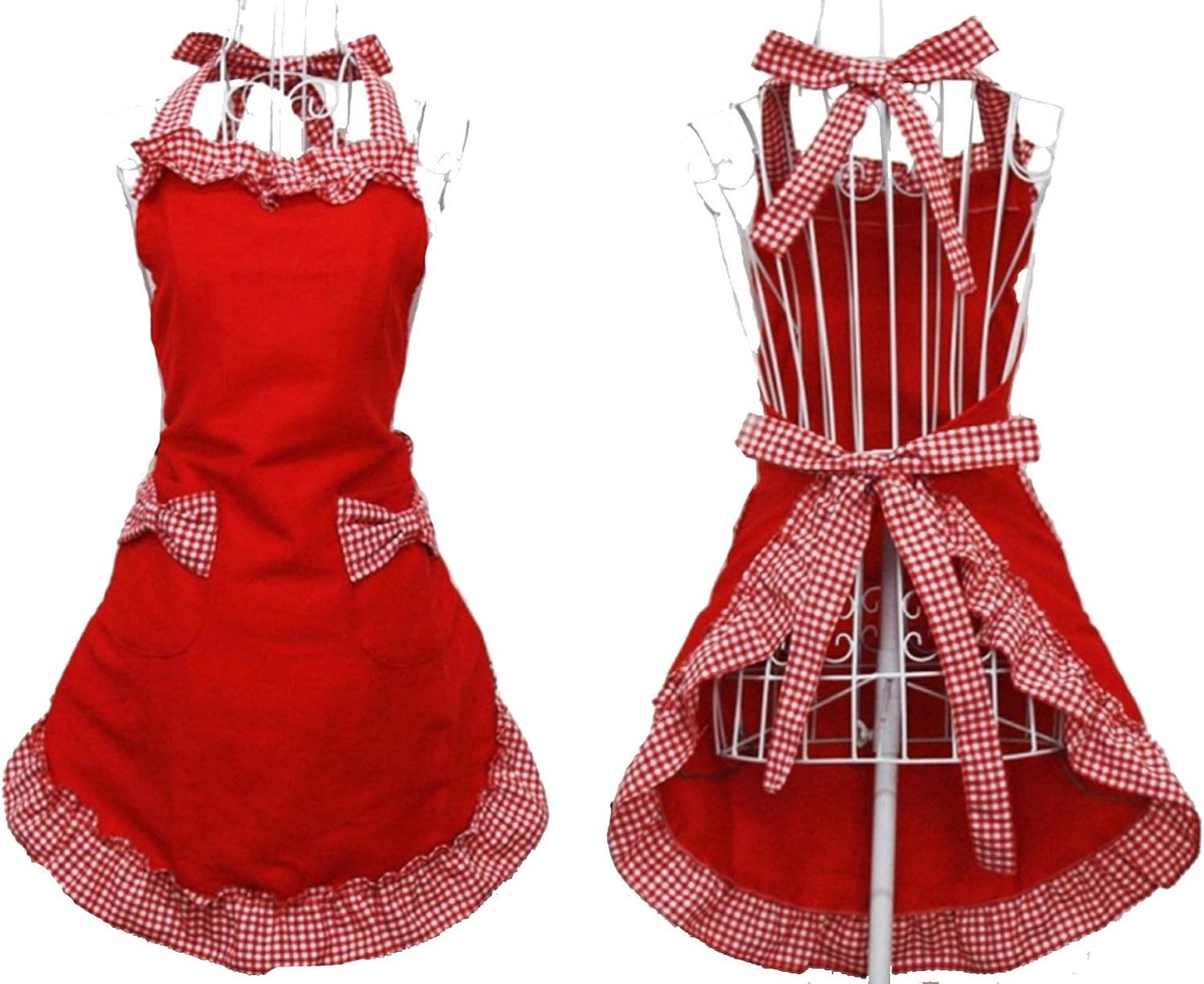 Kitchen Apron - Catering Apron - Pottery Apron - BBQ Apron - Painting Apron - Carpenter's Apron - flirty vintage aprons for womanly girls with pockets as a Mother's Day gift (red)