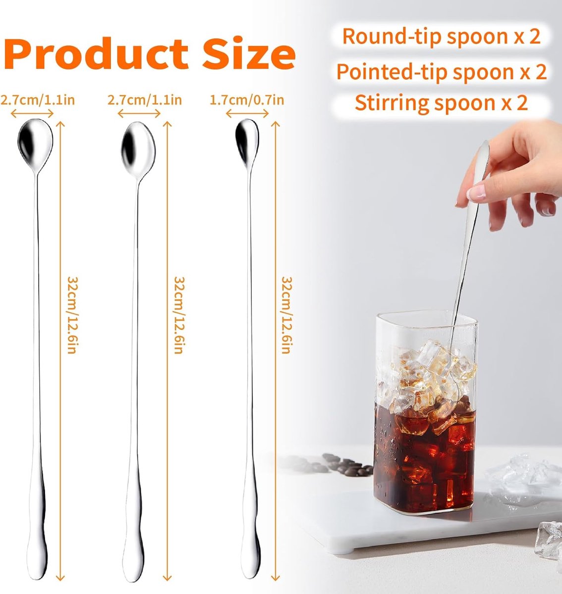 Coffee spoons - Iced tea spoons - Long-handled spoons - Stirring spoons for coffee, ice cream, and cocktails - Stainless steel stirrers - 32 cm dessert spoons (6-pack)