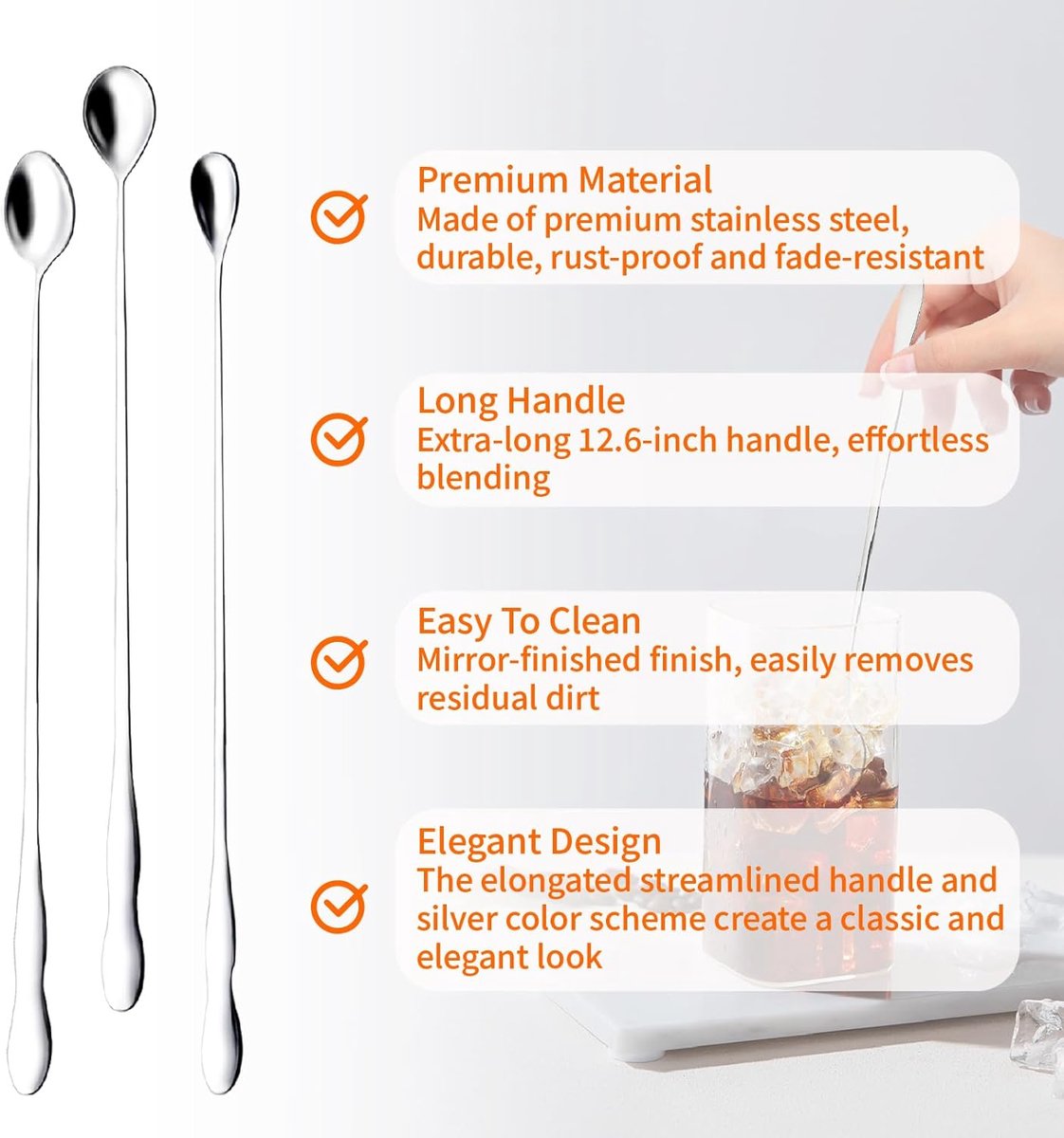 Coffee spoons - Iced tea spoons - Long-handled spoons - Stirring spoons for coffee, ice cream, and cocktails - Stainless steel stirrers - 32 cm dessert spoons (6-pack)