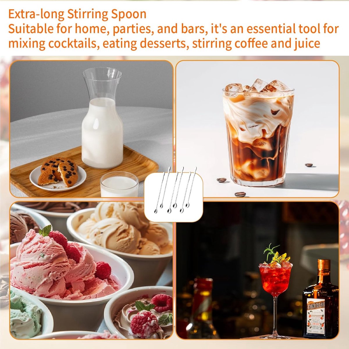 Coffee spoons - Iced tea spoons - Long-handled spoons - Stirring spoons for coffee, ice cream, and cocktails - Stainless steel stirrers - 32 cm dessert spoons (6-pack)