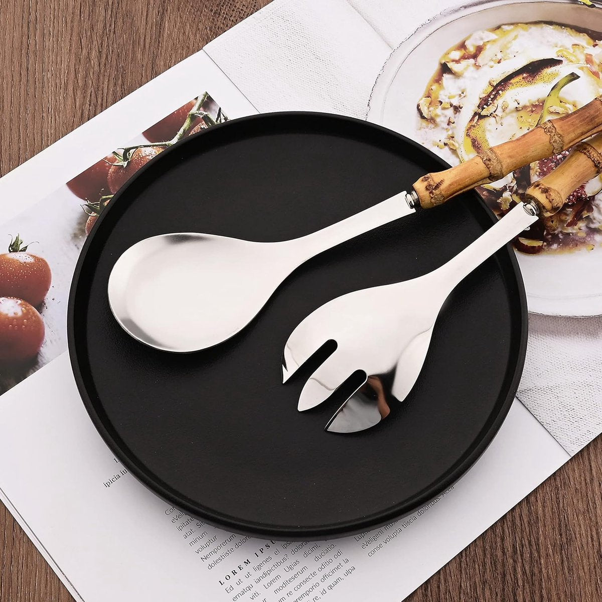 Cutlery set - including spoon and fork - made of 304 stainless steel - with natural bamboo handles, 25 cm long - suitable for kitchens, parties, buffets, etc. - 4 pieces in total / 2 of each