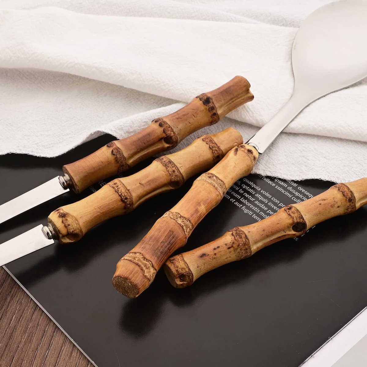 Cutlery set - including spoon and fork - made of 304 stainless steel - with natural bamboo handles, 25 cm long - suitable for kitchens, parties, buffets, etc. - 4 pieces in total / 2 of each