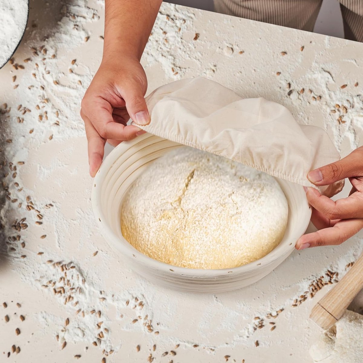 2-Pack Fermentation Basket - Bread Proofing Basket - 9 Inch Round Woven Basket - Includes Linen Lining - Handmade from Natural Reed