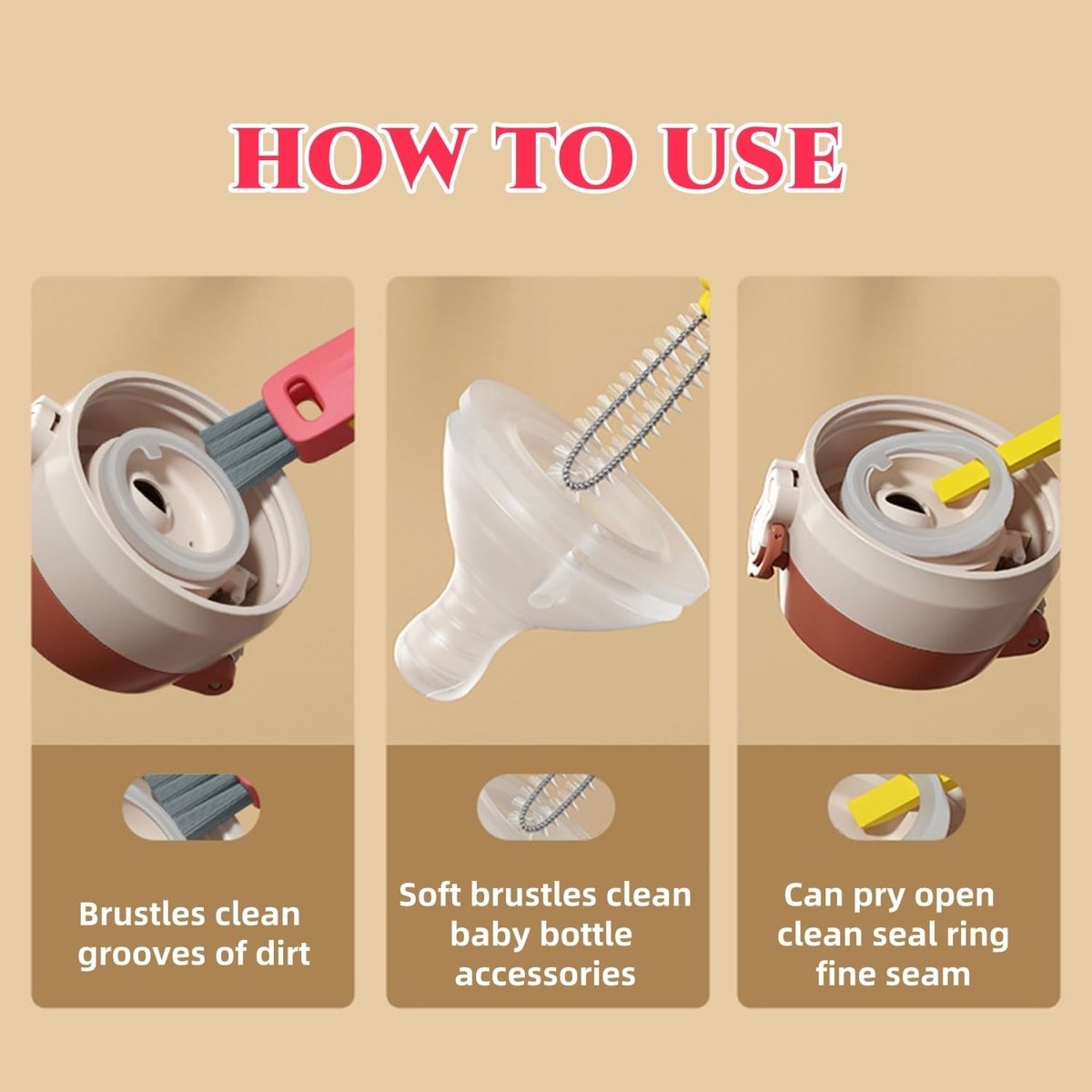 3-in-1 cleaning brush for cup lids, 3-in-1 multifunctional cleaning brush, portable bottle lid cleaner, tight spaces, cup, portable cup lid cleaner with brush, 3 pieces