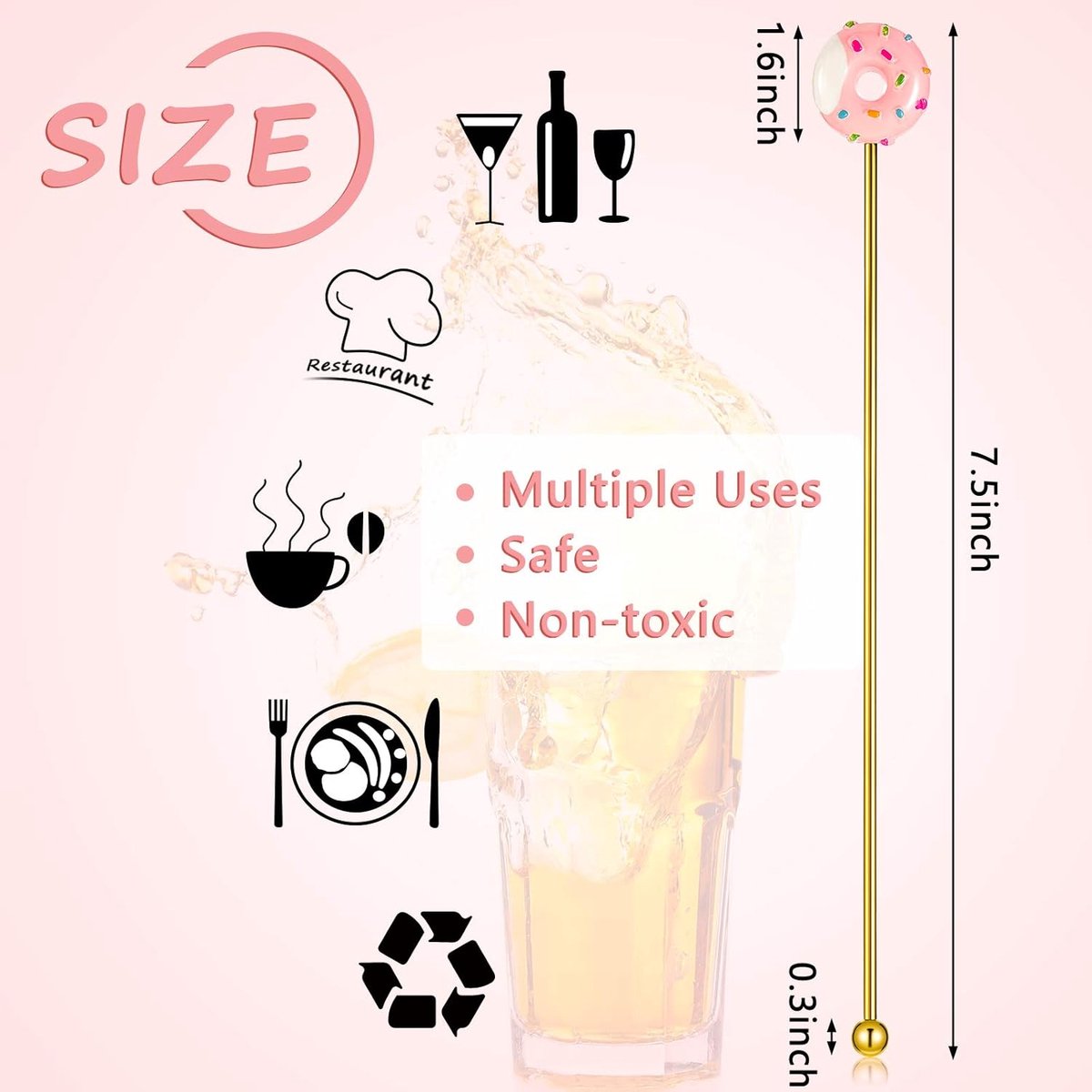 8 stainless steel stirrers - Donut cartoon design - Reusable stirrers for coffee and drinks - 7.5-inch long stirrers - Long-stem cocktail picks - Perfect as a donut gift and party decoration - 4 gold and 4 silver pieces