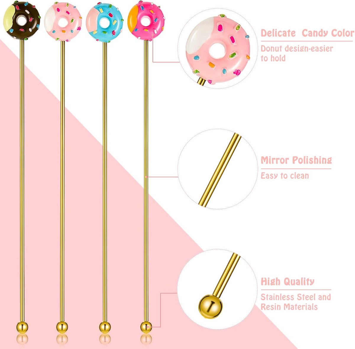 8 stainless steel stirrers - Donut cartoon design - Reusable stirrers for coffee and drinks - 7.5-inch long stirrers - Long-stem cocktail picks - Perfect as a donut gift and party decoration - 4 gold and 4 silver pieces