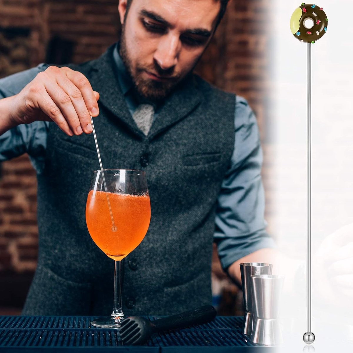 8 stainless steel stirrers - Donut cartoon design - Reusable stirrers for coffee and drinks - 7.5-inch long stirrers - Long-stem cocktail picks - Perfect as a donut gift and party decoration - 4 gold and 4 silver pieces