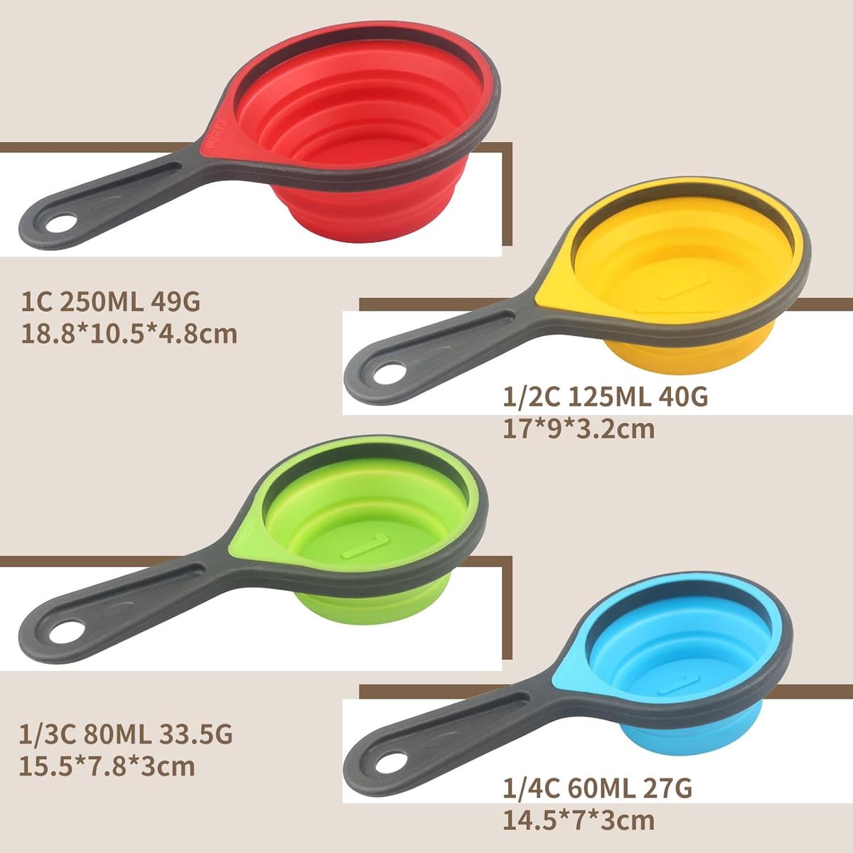 Foldable silicone measuring cups - 60 ml/80 ml/125 ml/250 ml - Set of 4 kitchen measuring instruments (4 colors)