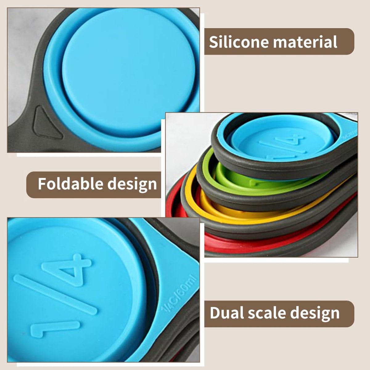 Foldable silicone measuring cups - 60 ml/80 ml/125 ml/250 ml - Set of 4 kitchen measuring instruments (4 colors)