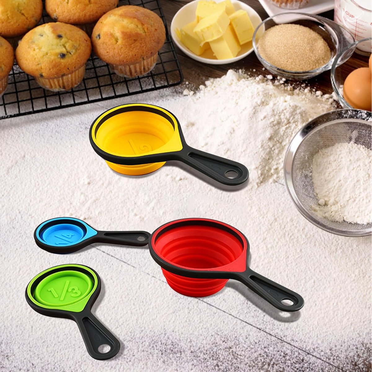 Foldable silicone measuring cups - 60 ml/80 ml/125 ml/250 ml - Set of 4 kitchen measuring instruments (4 colors)