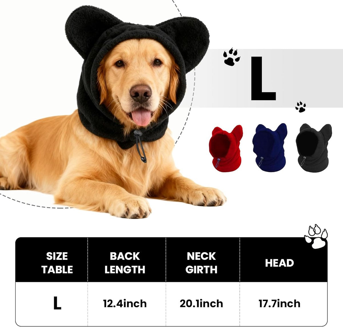 Dog emergency winter cone with ear protection, fleece neck warmer for dogs, (black, L)