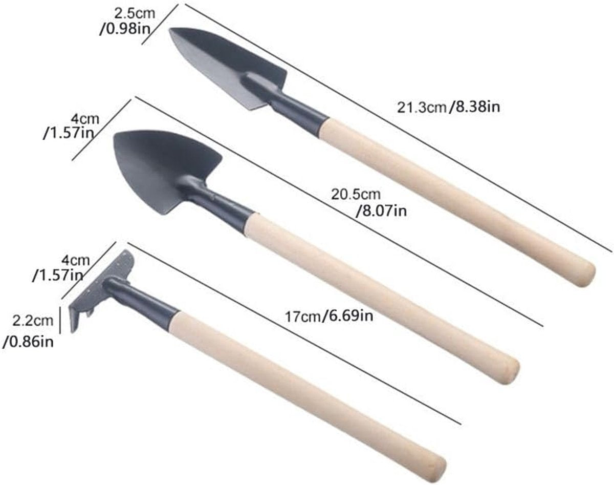 3-piece mini garden tool set - for pots and plants - Wooden handle design - Shovel, rake, and soil shovel - Small size for precise work