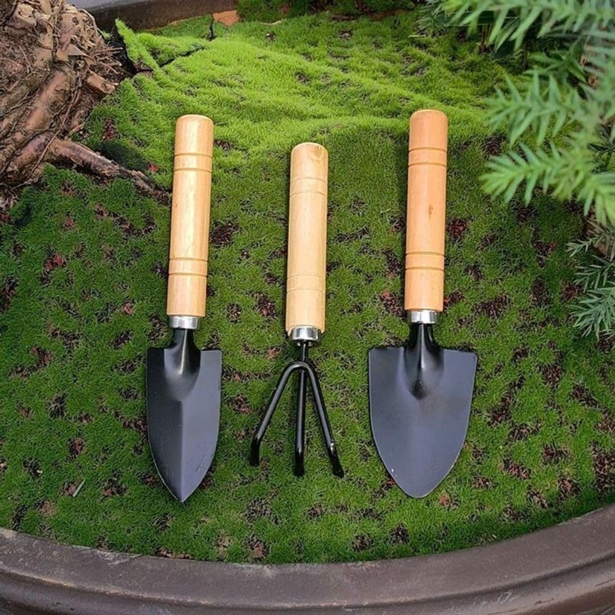 3-piece mini garden tool set - for pots and plants - Wooden handle design - Shovel, rake, and soil shovel - Small size for precise work