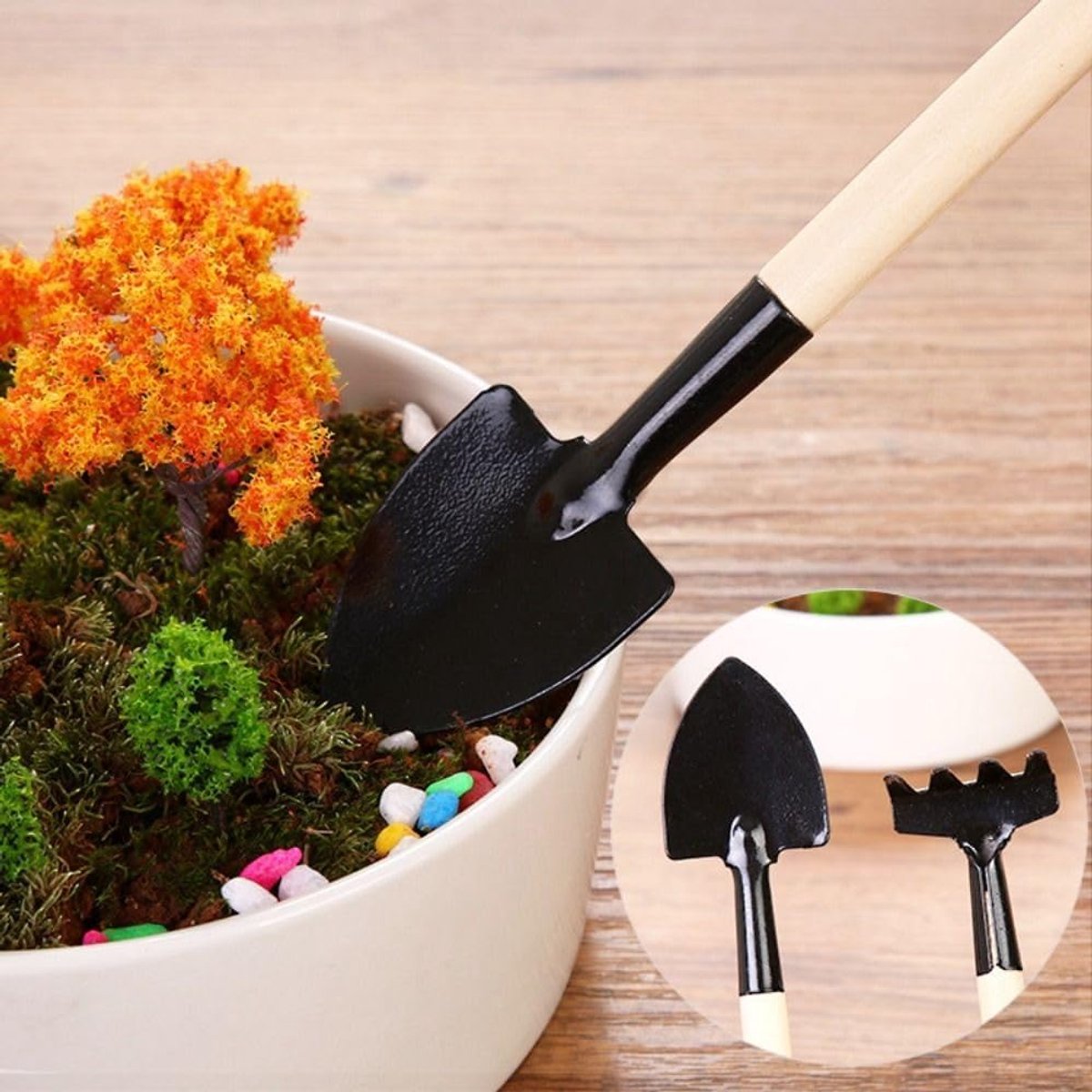 3-piece mini garden tool set - for pots and plants - Wooden handle design - Shovel, rake, and soil shovel - Small size for precise work