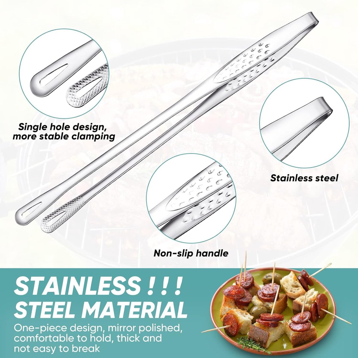 6 Stainless Steel Barbecue Tongs - 28 cm Korean & Japanese Model - Suitable for Grill, Steak, and Salad - Portable Kitchen and Outdoor Tongs Set