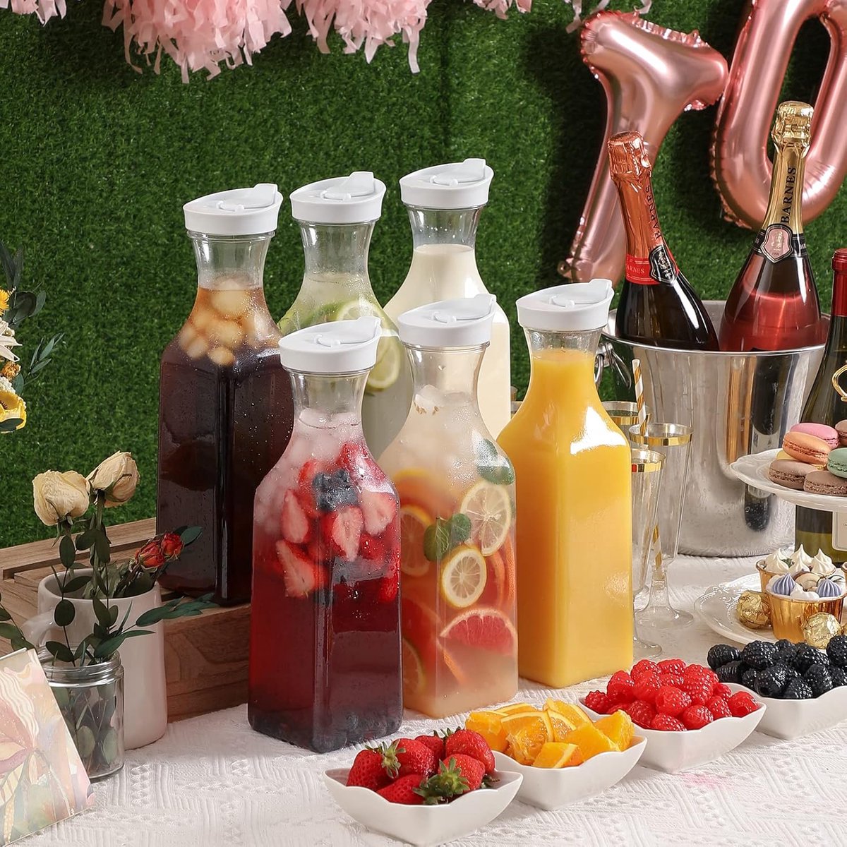 50 oz plastic water carafe with flip lid, set of 3 square plastic juice pitchers with clear bottom - for water, iced tea, juice, liquor, lemonade, milk and mimosa bar - HAND WASH ONLY