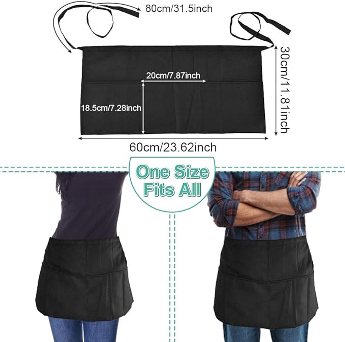 Bistro Aprons 3-piece – Black, semi-short, for waiter/waitress