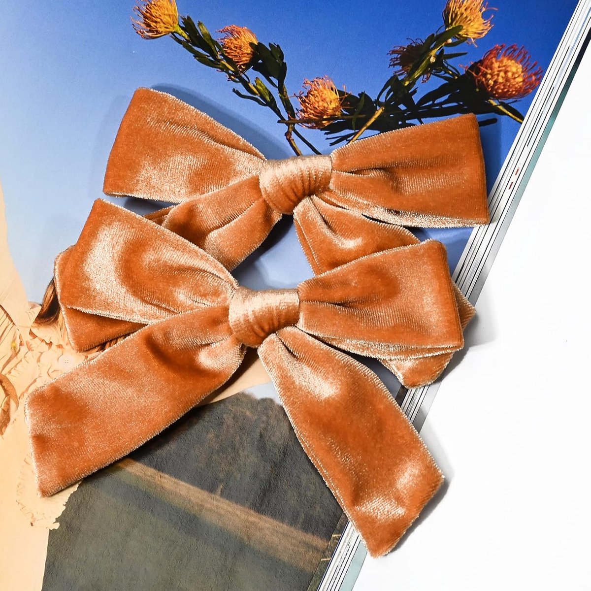 Hair Bows for Girls – 4.5 inch Velvet, Orange-Brown, Autumn/Winter