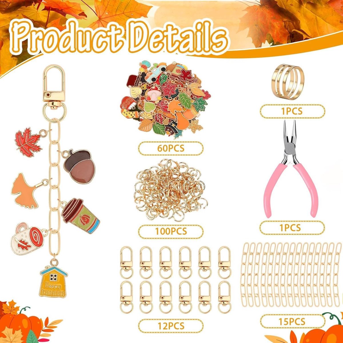 Autumn keychain making set - 60 autumn charms & 12 clips - plus accessories