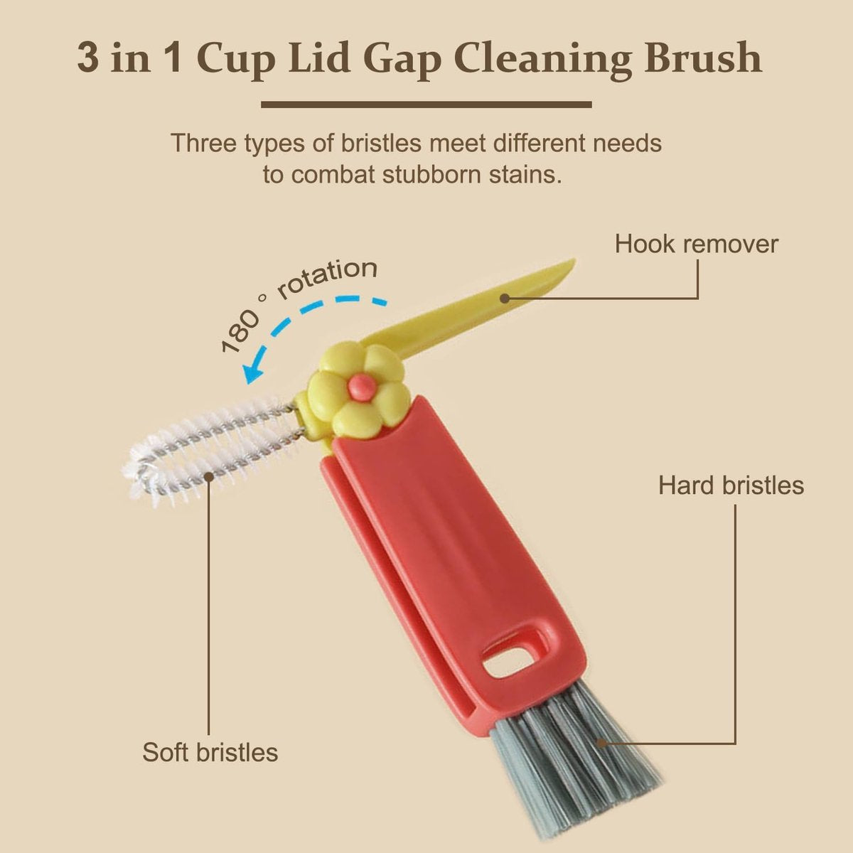 3-in-1 crevice brush for bottle caps - Multifunctional crevice brush for water bottle caps - Portable bottle cleaning brush - Household kitchen cleaning tool