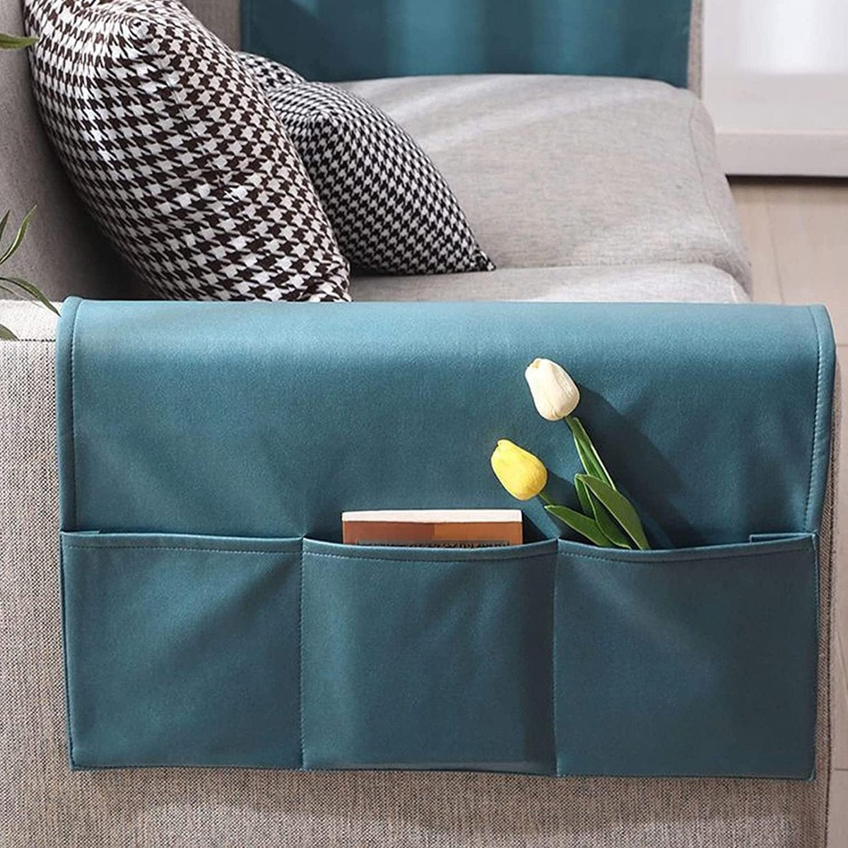 Sofa Armrest Storage - 5 Compartments - Reinforced Tech Fabric - Remote Control Holder - White (70*110CM)
