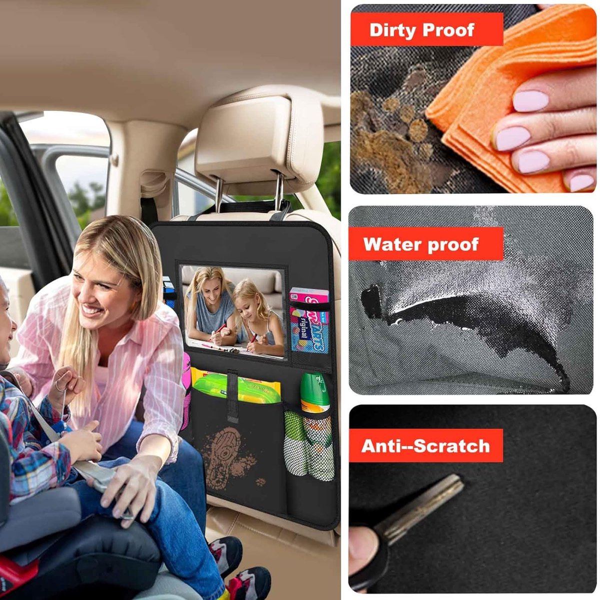 Two-pack storage bags for the car back seat - with touchscreen tablet holder - 6 storage bags - protective cushions - car seat covers - children's travel accessories