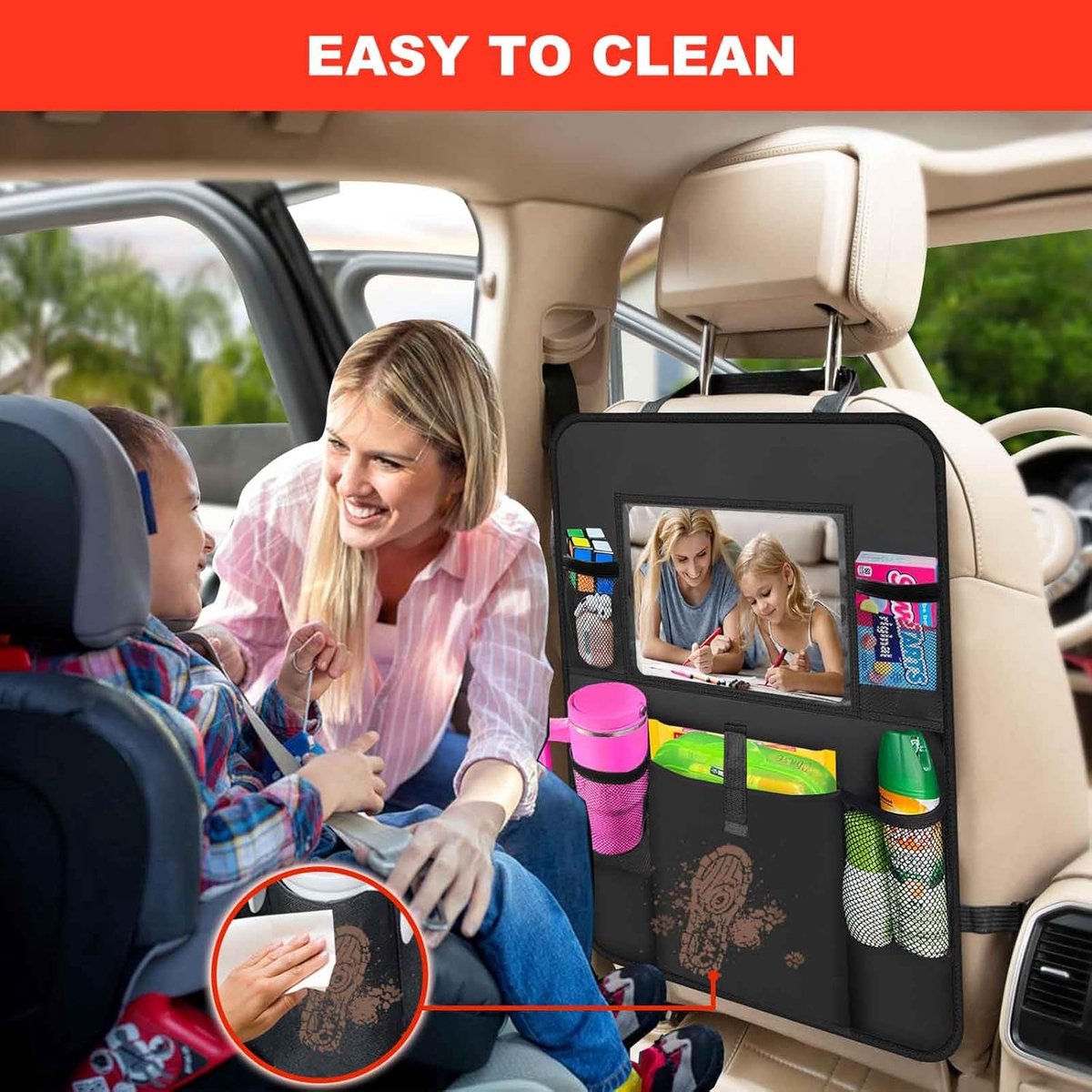 Two-pack storage bags for the car back seat - with touchscreen tablet holder - 6 storage bags - protective cushions - car seat covers - children's travel accessories