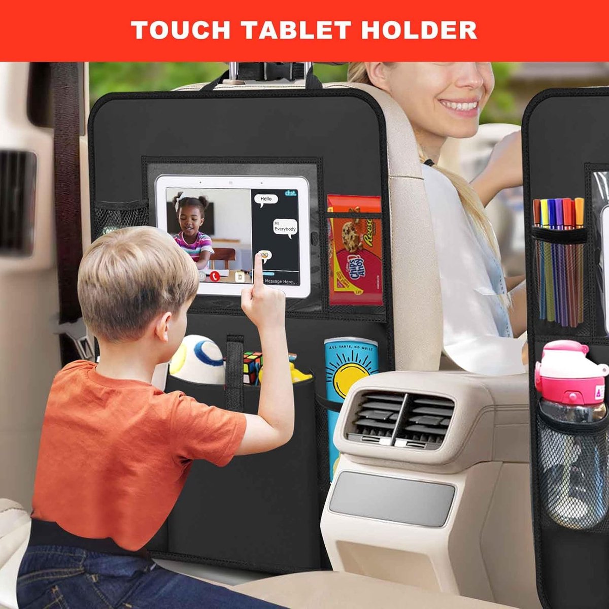 Two-pack storage bags for the car back seat - with touchscreen tablet holder - 6 storage bags - protective cushions - car seat covers - children's travel accessories