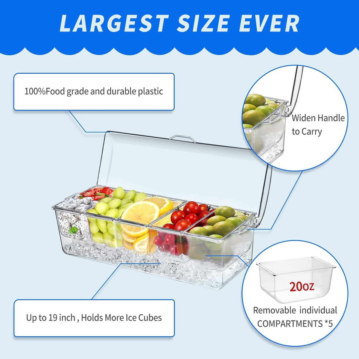 Large ice-cooled condiment holder - Chilled condiment holders - with lids for 5 removable compartments (2.5 cups) - Serving bowls, fruit and garnish bowl - for party supplies and bar accessories