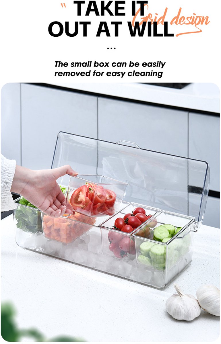 Large ice-cooled condiment holder - Chilled condiment holders - with lids for 5 removable compartments (2.5 cups) - Serving bowls, fruit and garnish bowl - for party supplies and bar accessories