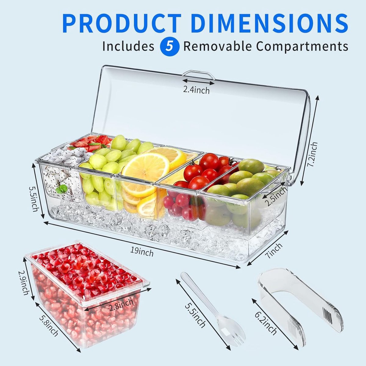 Large ice-cooled condiment holder - Chilled condiment holders - with lids for 5 removable compartments (2.5 cups) - Serving bowls, fruit and garnish bowl - for party supplies and bar accessories