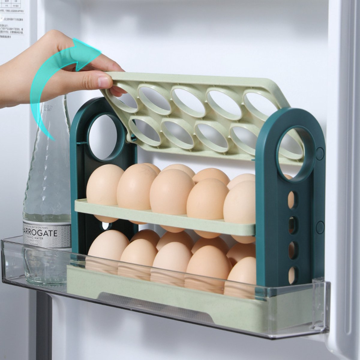 Egg Basket 30 Compartments 3 Layers - Dark Blue Flip-Down - With Handle for Refrigerator