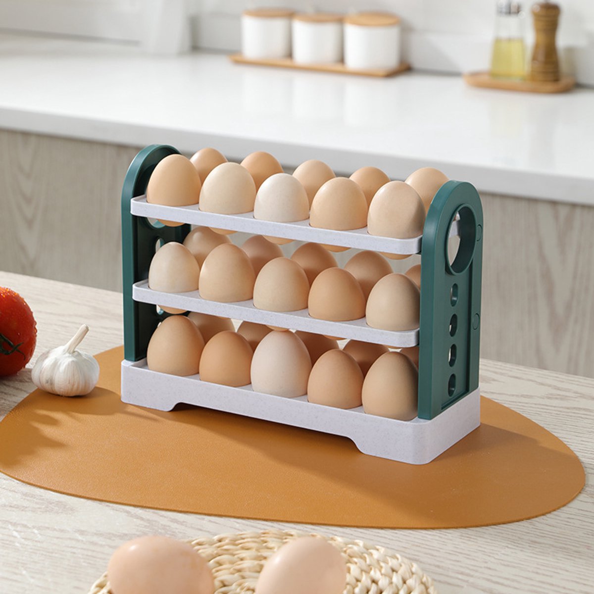 Egg Basket 30 Compartments 3 Layers - Dark Blue Flip-Down - With Handle for Refrigerator
