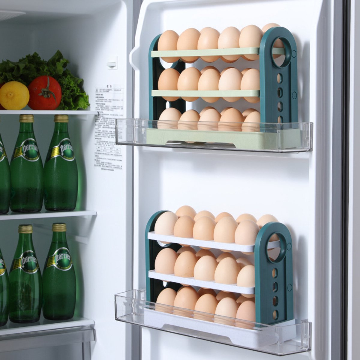 Egg Basket 30 Compartments 3 Layers - Dark Blue Flip-Down - With Handle for Refrigerator