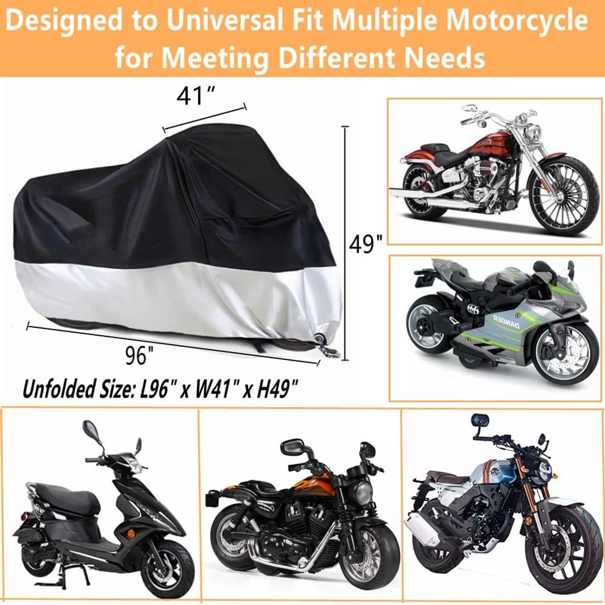 Motorcycle cover, Waterproof car cover with lock holes and storage bag, suitable for motorcycles up to 245 cm
