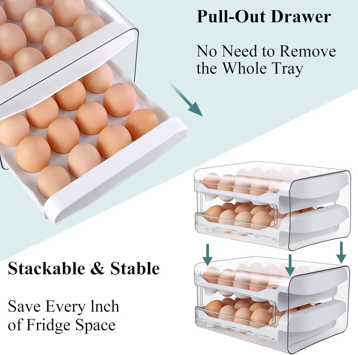Egg carton - Egg storage box - Kitchen storage box - Double-layered, stackable - Suitable for 40 eggs - Transparent plastic egg holder - 28*22*12 cm - White