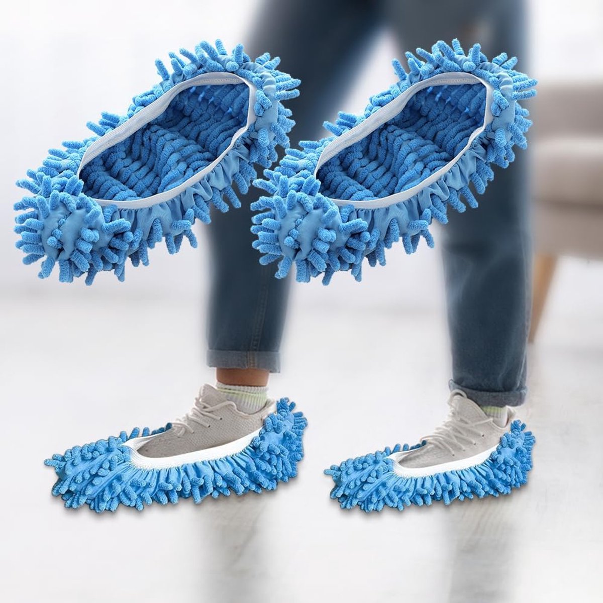Shoe covers - 2 pairs of blue mop slippers - Microfiber cleaning mats for mopping - Soft and washable - Household slippers for cleaning floors