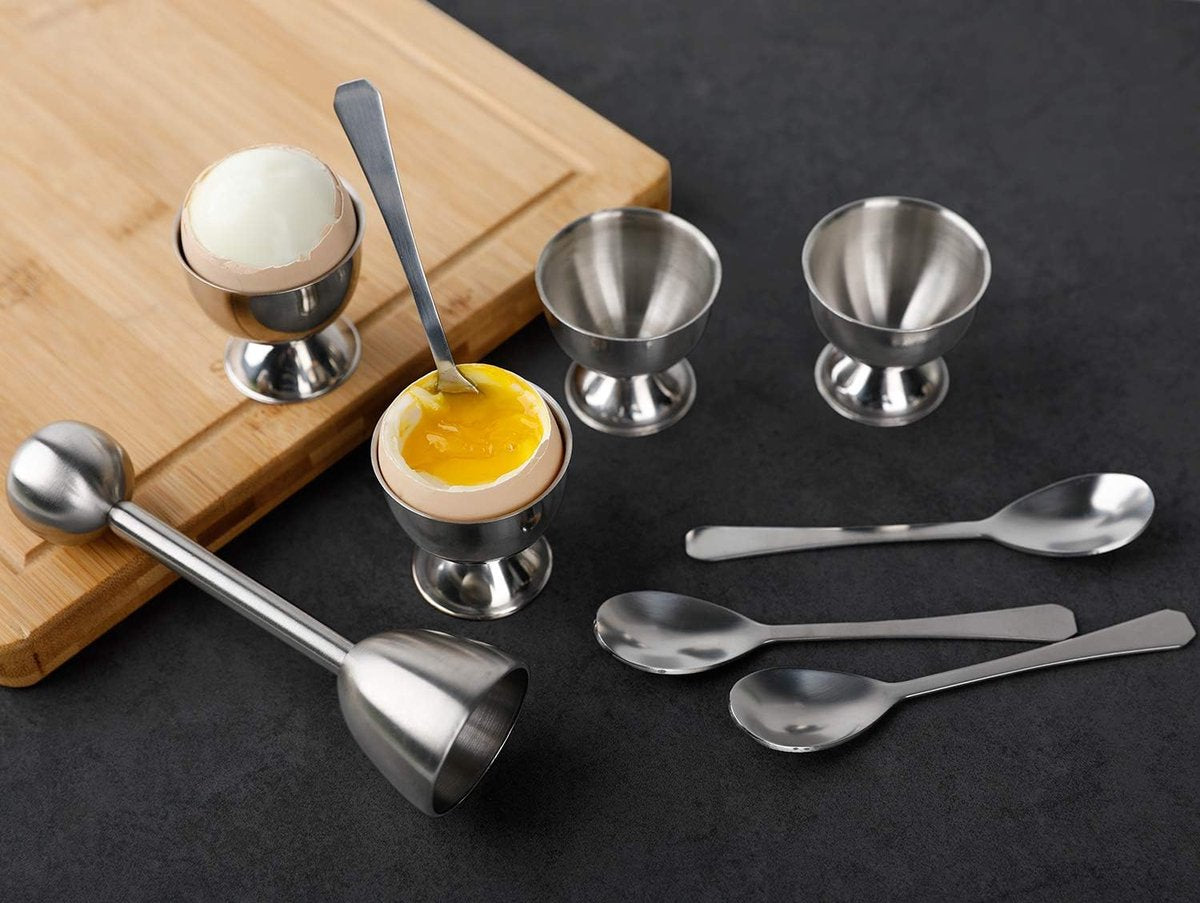 Egg Opener - Egg Separator - Eggshell Opener - Soft and Hard-Boiled Egg Separator - Includes 2 Egg Spoons, 2 Egg Cups and 1 Egg Opener - Top Slicer, Stainless Steel - Breakfast Kitchen Utensils