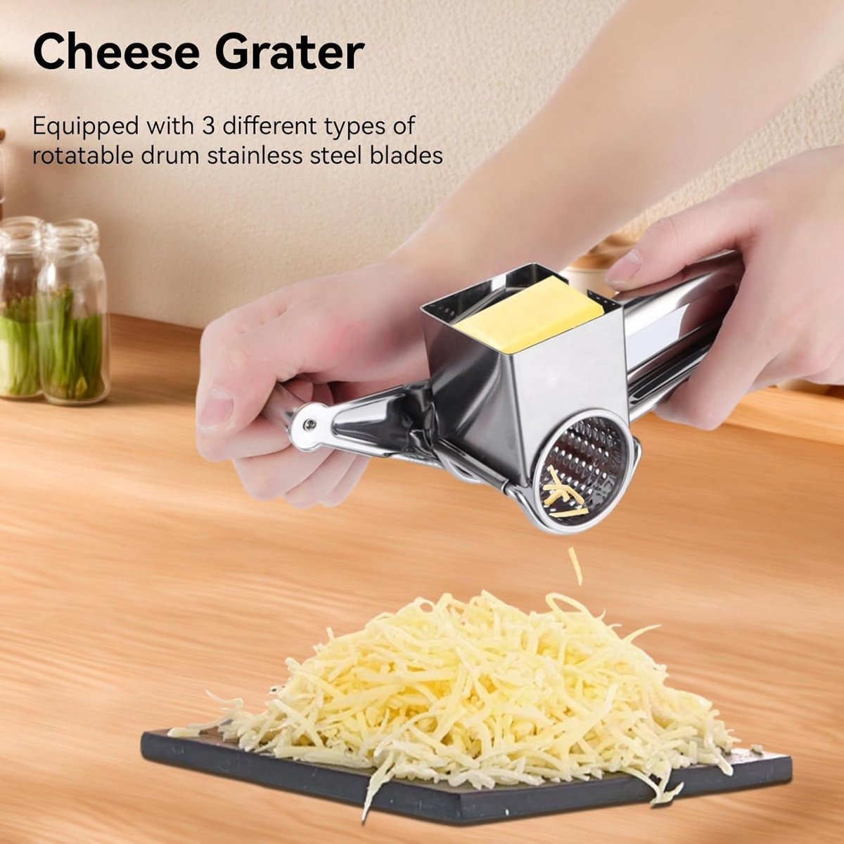 Rotary cheese grater - Stainless steel cheese cutter - Slicer - Grater - With 3 roller blades - Handy design - Suitable for kitchens