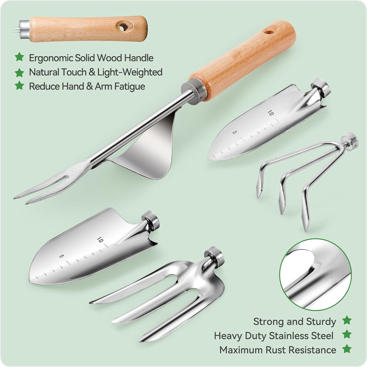 9-piece Garden Set – Stainless steel, wooden handles & watering can