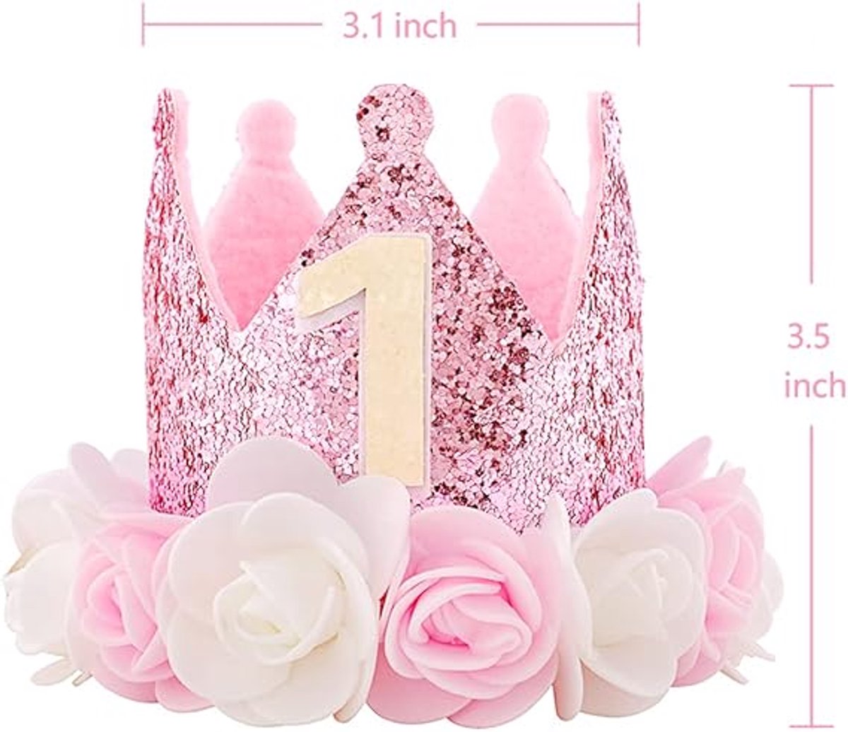 Birthday Hat - Perfect for a girl's first birthday - Rose Gold Party Crown - 3-inch Floral Princess Pink