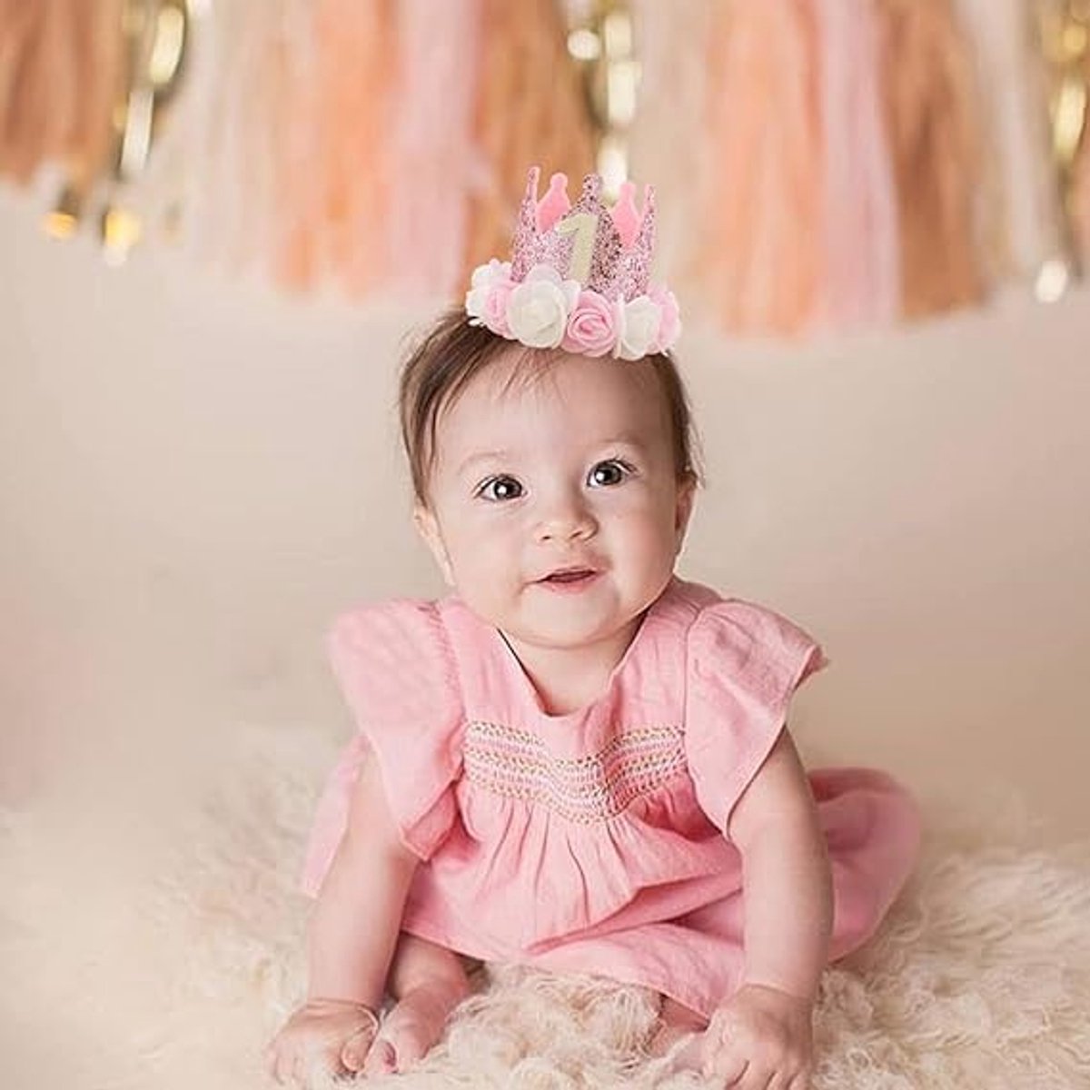 Birthday Hat - Perfect for a girl's first birthday - Rose Gold Party Crown - 3-inch Floral Princess Pink